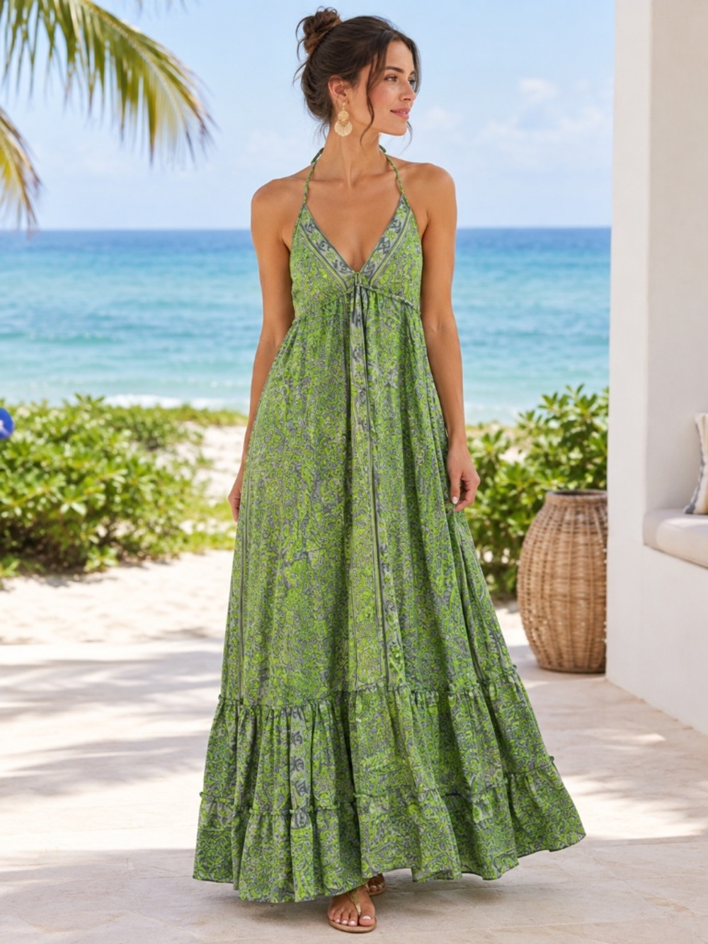 Beach Camp Green Paisley Silk Maxi Dress One Size Boho Resort Vacation